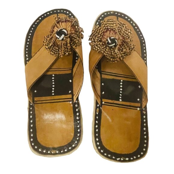 Vintage Flat Slippers Handcrafted Leather Cowhide Sandals Brown Size 10 3/4" - Picture 1 of 8